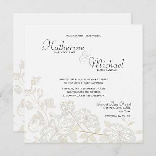 Blanc aux invitations florales blanches de mariage (Devant / Derrière)
