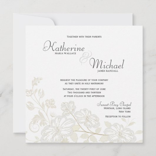 Blanc aux invitations florales blanches de mariage (Devant)