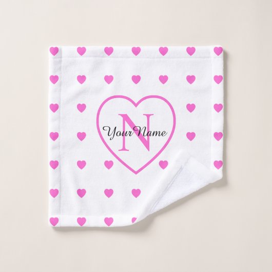 Blanc Avec Coeurs Roses & Grand Coeur Monogramme (Gant de toilette)