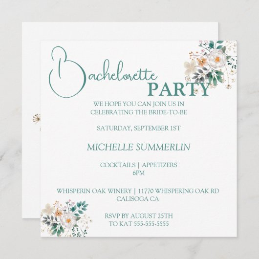 Blanc avec fleurs Bachelorette Party Invitation (Devant / Derrière)