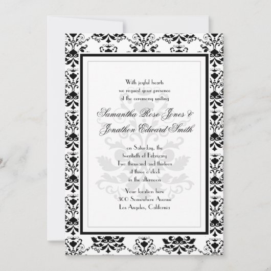 Blanc avec noir Damask Elegant Wedding Invitation (Devant)