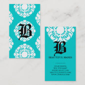 Blanc bleu de monogramme de damassé de cartes de (Devant / Derrière)