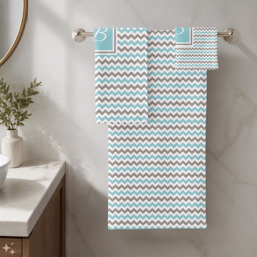 Blanc Bleu Gris Chevron Monogrammé