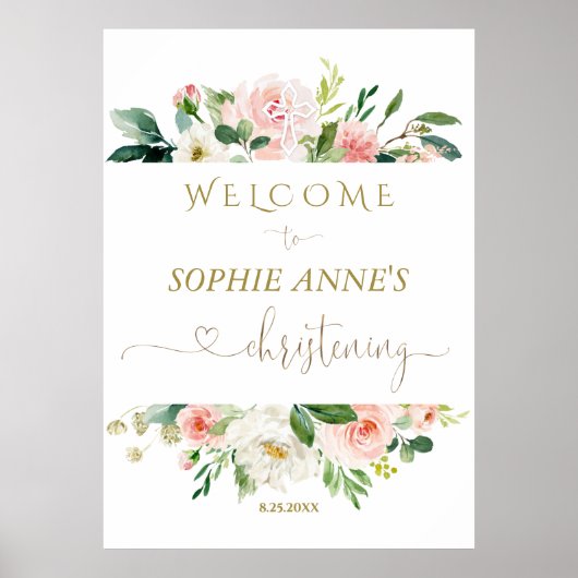 Blanc Blush Floral Gold Christening Affiche de bie (Devant)