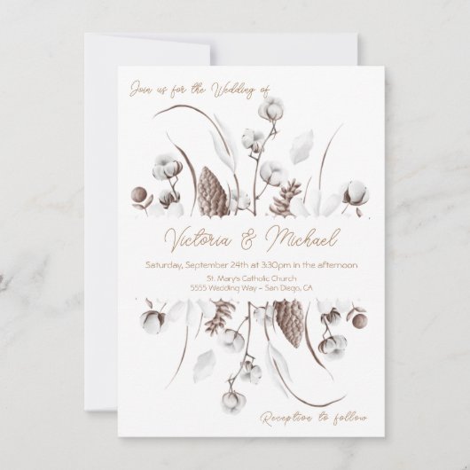 Blanc Botanique Fleur de coton Invitations de mari (Devant)