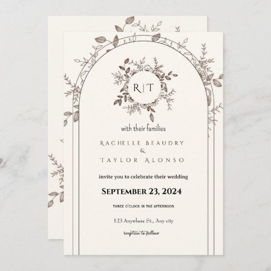 Blanc Brown Rustique Floral Faire-part de mariage (Devant / Derrière)