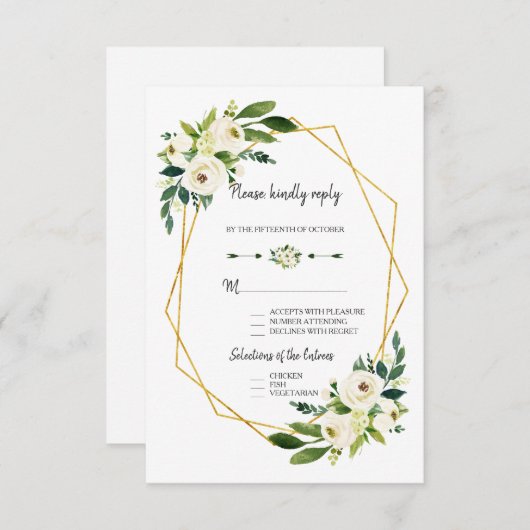 Blanc Chic Fleurs Vertes Cadre Doré Mariage RSVP (Devant / Derrière)