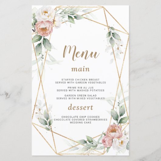 Blanc Dusty Rose Floral Gold Green Mariage Menu (Dos)