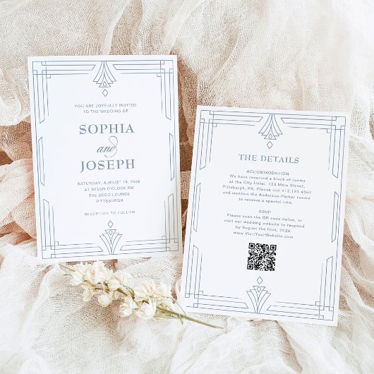 Blanc et Bleu Poussiéreux | Code QR Invitation de