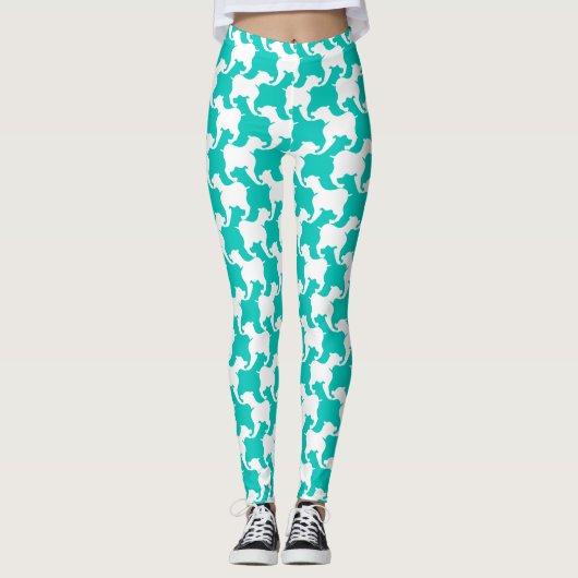 Blanc et couleur aqua Houndstooth chiens leggings (Devant)