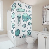 Blanc et rideau en douche bleu et turquoise de (En situation)