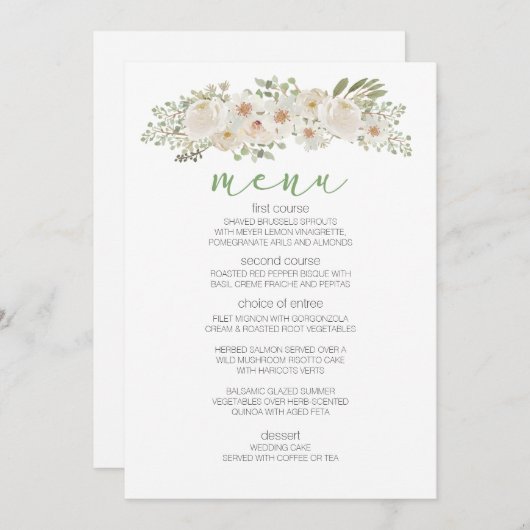Blanc Floral Elegant Romantique Menu Mariage (Devant / Derrière)