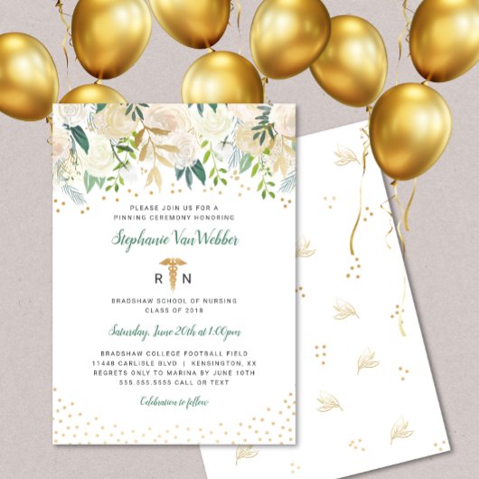 Blanc Floral Gold Confetti RN invitations de gradu