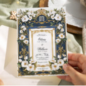 Blanc Floral Marine Bleu & Or Faire-part de mariag