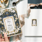 Blanc Floral Marine Bleu & Or Faire-part de mariag