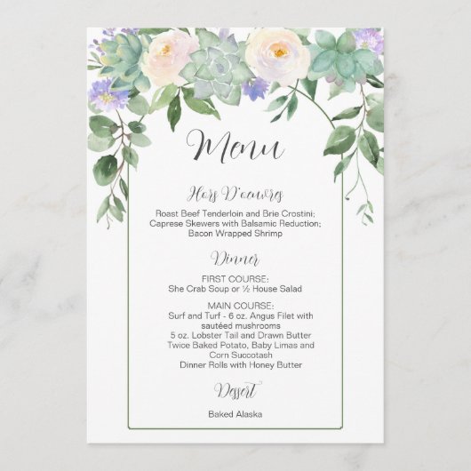 Blanc Floral Succulents Arc de verdure Menu Mariag (Devant)