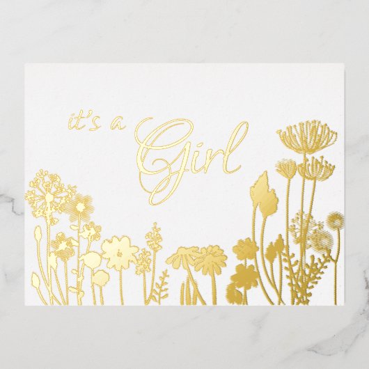Blanc | Gold Floral c'est une fille Faire-part de (Recto)
