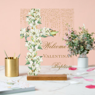 Blanc Lily Floral Gold Cross Baptême Bienvenue