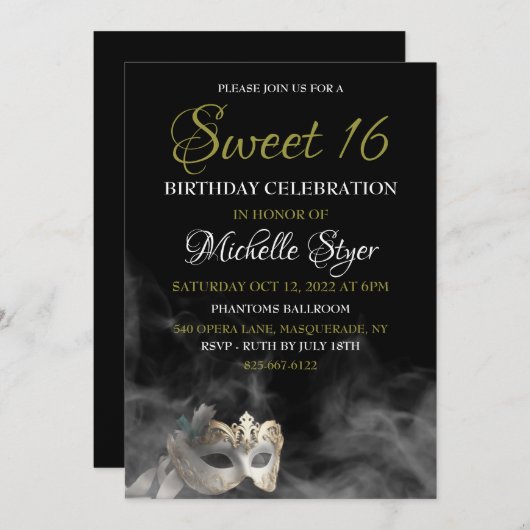 Blanc Masquerade Sweet 16 Invitation (Devant / Derrière)