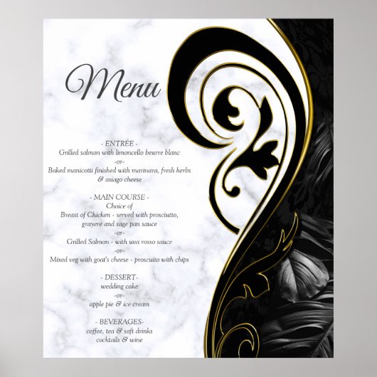 Blanc moderne - Marbre Noir Abstrait Menu Poster (Devant)