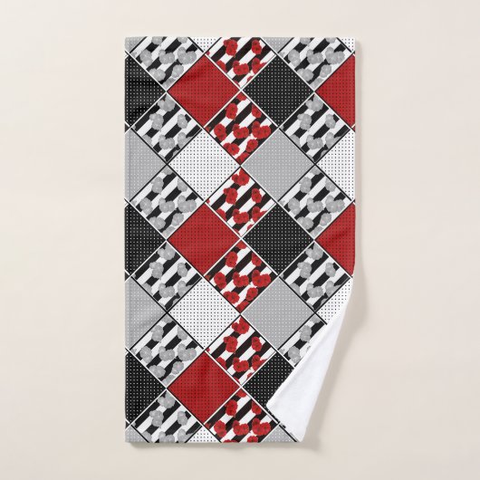 Blanc noir avec patchwork rétro rouge (Serviette à main)