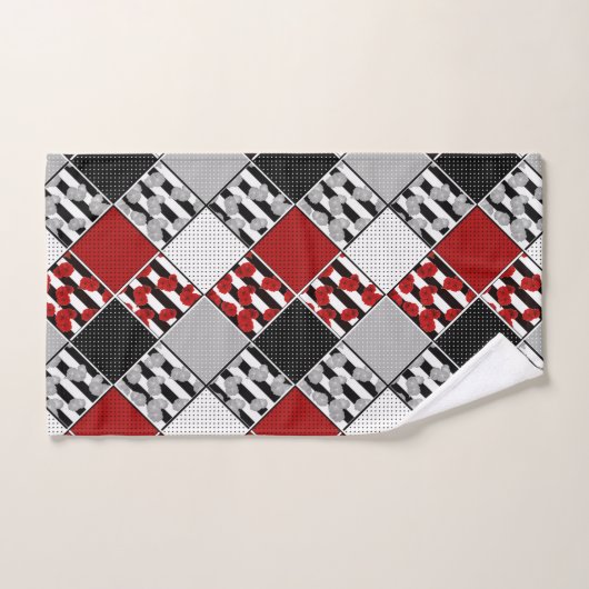 Blanc noir avec patchwork rétro rouge (Serviette à main)