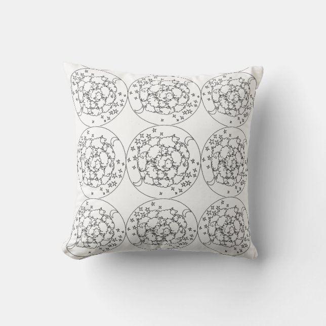 Blanc noir Mandala Sheep et étoiles Motif Coussin (Recto)