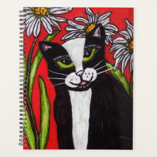 Blanc Noir Tuxedo Chat Vert Yeux Fleurs de marguer (Devant)