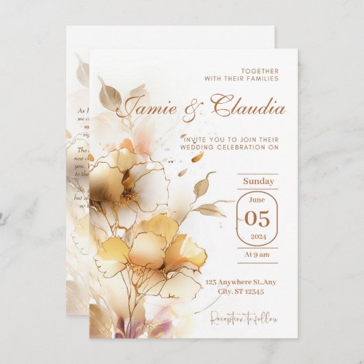 blanc or élégant fleurs automnales Invitation (Devant / Derrière)