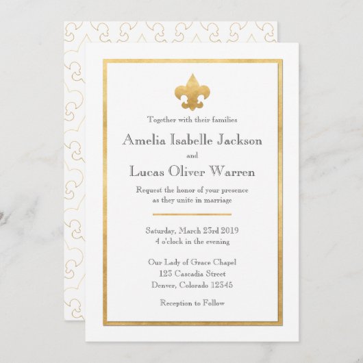 Blanc & Or Fleur De Lis Faire-part de mariage (Devant / Derrière)
