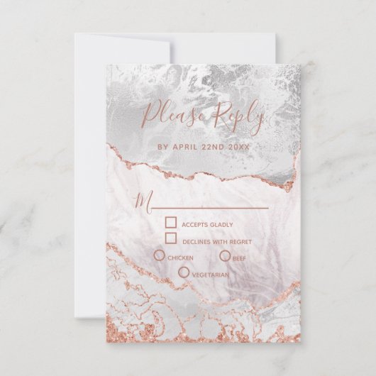 Blanc & Rose Gold Agate Marbre Mariage RSVP Répons (Devant)