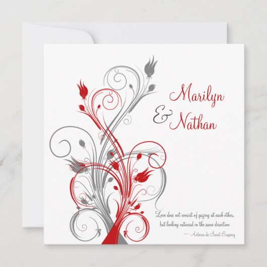Blanc, Rouge, Gris Faire-part de mariage Floral (Devant)