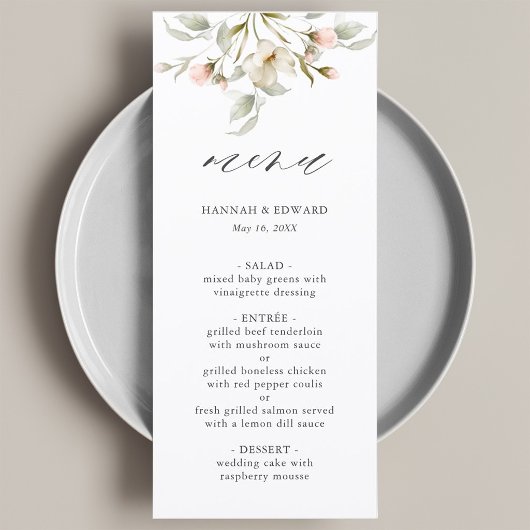 Blanc Sage Blush Élégant menu Mariage Floral