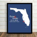 Blanc sur bleu, Floride State Map 8.5"x11" Imprime<br><div class="desc">Carte du Mariage Floride personnalisée.Cette impression est customisée pour "coeur" votre journée spéciale. Cette impression de 8, 5 "x 11" peut être personnalisée pour placer un coeur sur la ville où vous avez épousé, été engagé ou est tombé amoureux.</div>