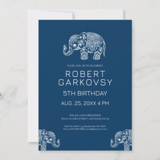 Blanc sur Blue Floral Elephant Invitation (Devant)