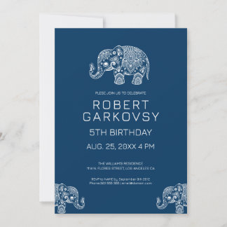 Blanc sur Blue Floral Elephant Invitation