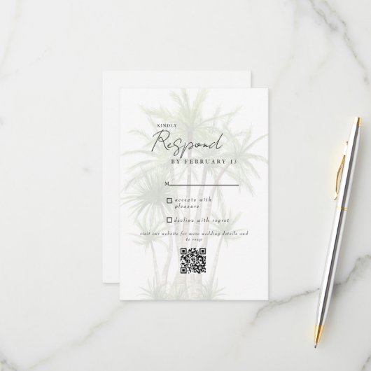 Blanc Tropical Moderne Mariage QR Code RSVP (Devant/Arrière en situation)