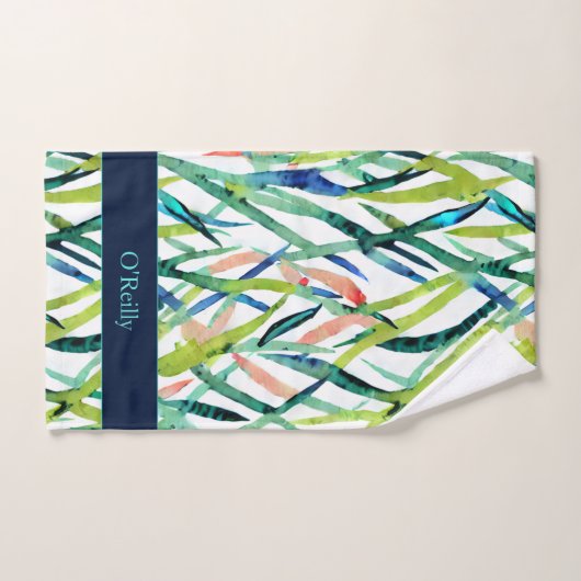 Blanc Vert bleu Feuille Monogramme Pickleball Serv (Serviette à main)