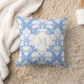 Blanc & Wedgewood Blue Damask Coussin monogramme (Couverture)