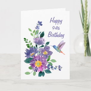 Blanco, aangepast 94e verjaardag Hummingbird Flowe Kaart