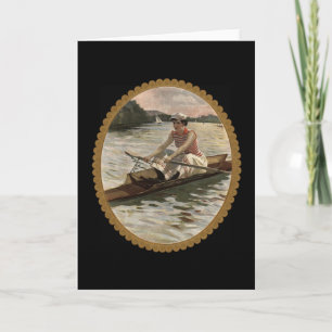 Blanco begroeting.  kunst vrouw roeier op kaart