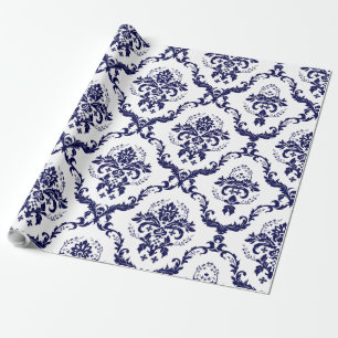 Blanco en marineblauw Floral Damaskers Cadeaupapier