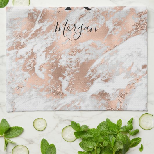 Blanco naam/Monogram Wit en Roos Glitter Goud Marm Theedoek (Gevouwen)