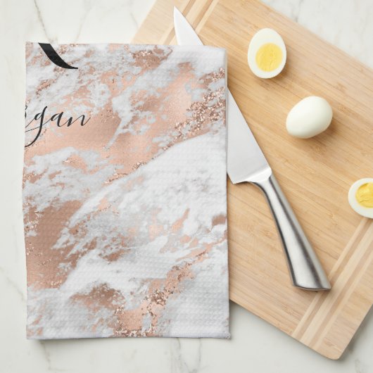 Blanco naam/Monogram Wit en Roos Glitter Goud Marm Theedoek (Quarter Fold)