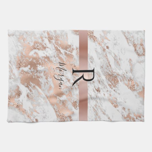 Blanco naam/Monogram Wit en Roos Glitter Goud Marm Theedoek (Horizontaal)