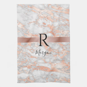 Blanco naam/Monogram wit/Roos Gold marmer Glitter  Theedoek