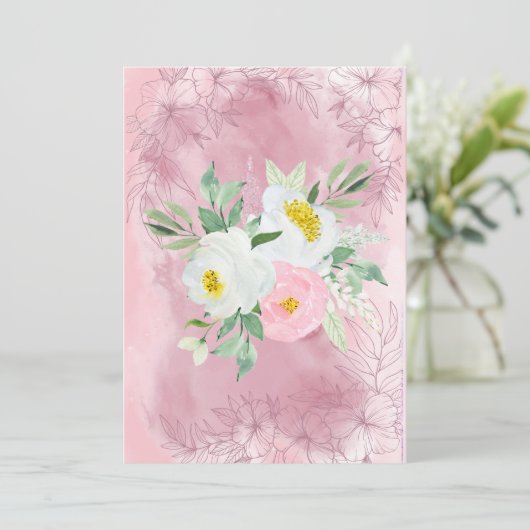 Blanco  roze en witte Waterverven bloemen Aankondiging (Staand voorkant)