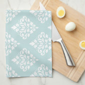 Blanco scroller Damask Ptn (2) op Eendagblauw (B) Theedoek (Quarter Fold)