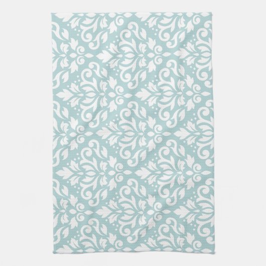 Blanco scroller Damask Ptn op Duck Egg Blue (B) Theedoek (Verticaal)