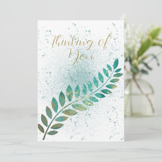 Blanco Turquoise en Gold Tropical Leaf Thinking of Aankondiging (Staand voorkant)